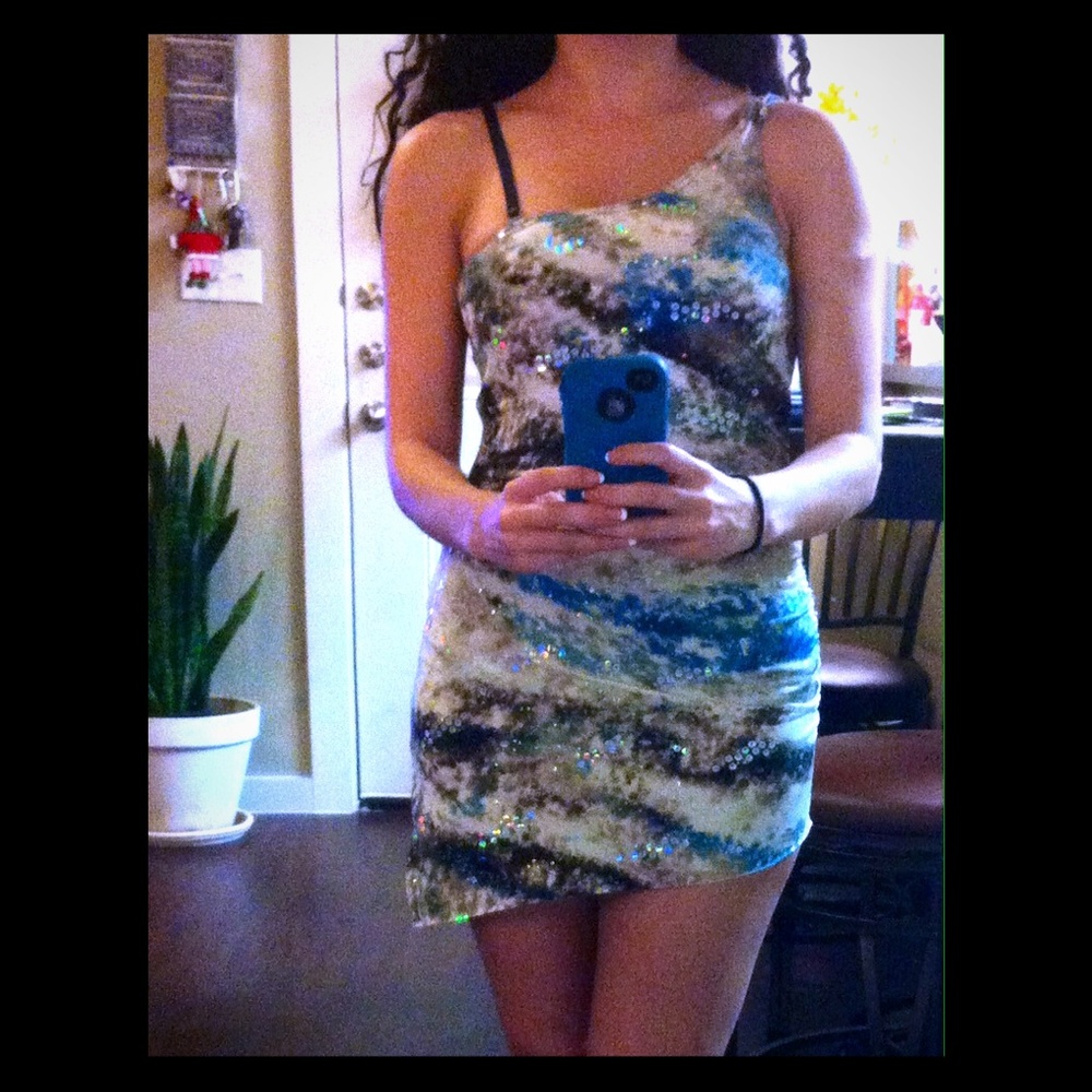 Body Wrappers One Shoulder Asymmetrical Sparkle Mini Dress SMALL Halloween